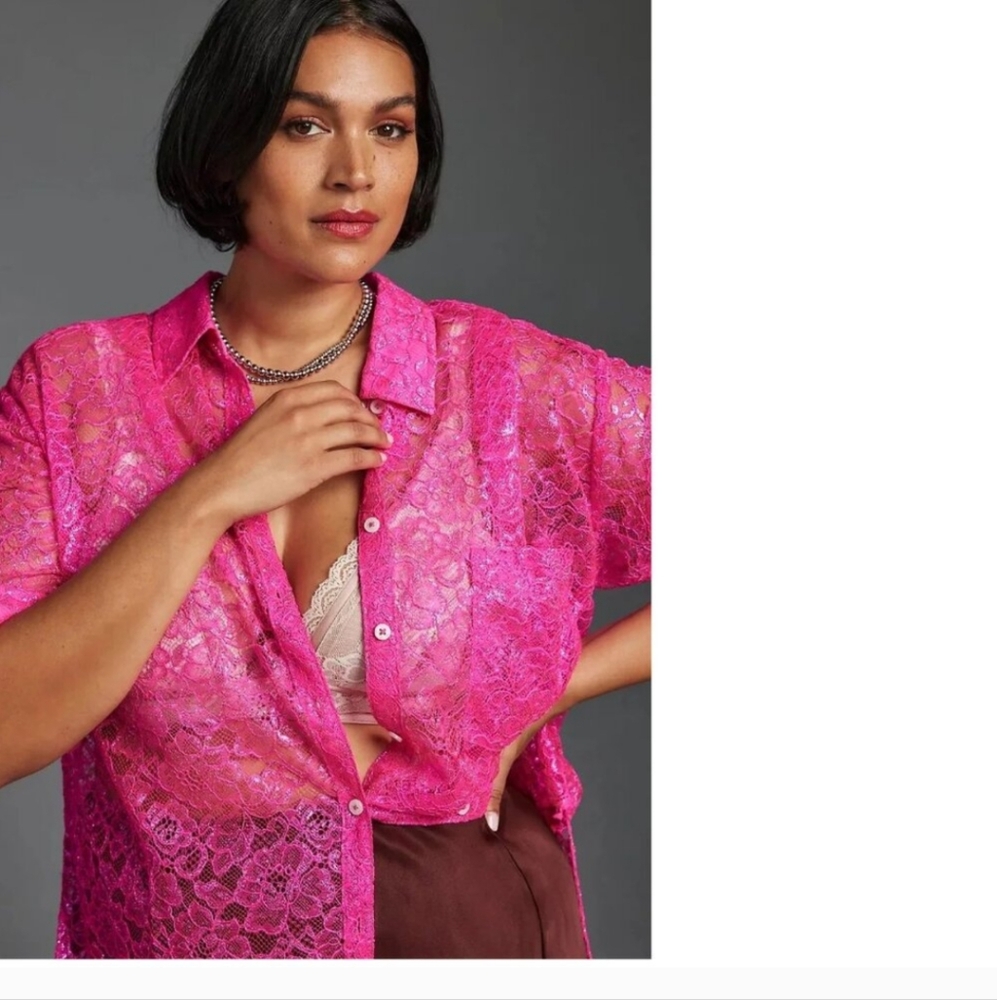Anthrologie Sheer Bright Pink Lace Button-Up Top